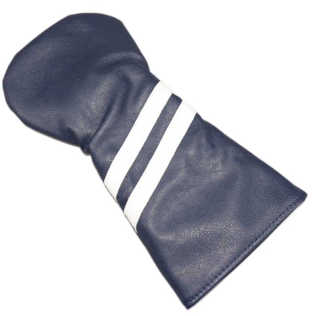 Oblique double stripe golf club head cover in PU material, shown in blue on a golf club.