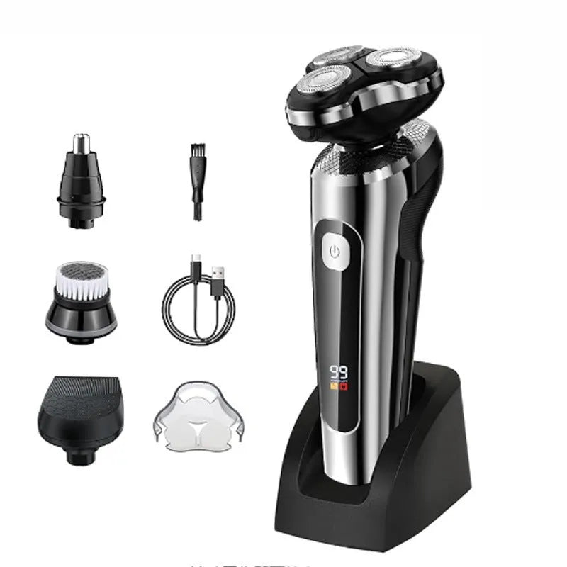 Digital USB rechargeable beard scraper with five-in-one base bracket and LED display.
