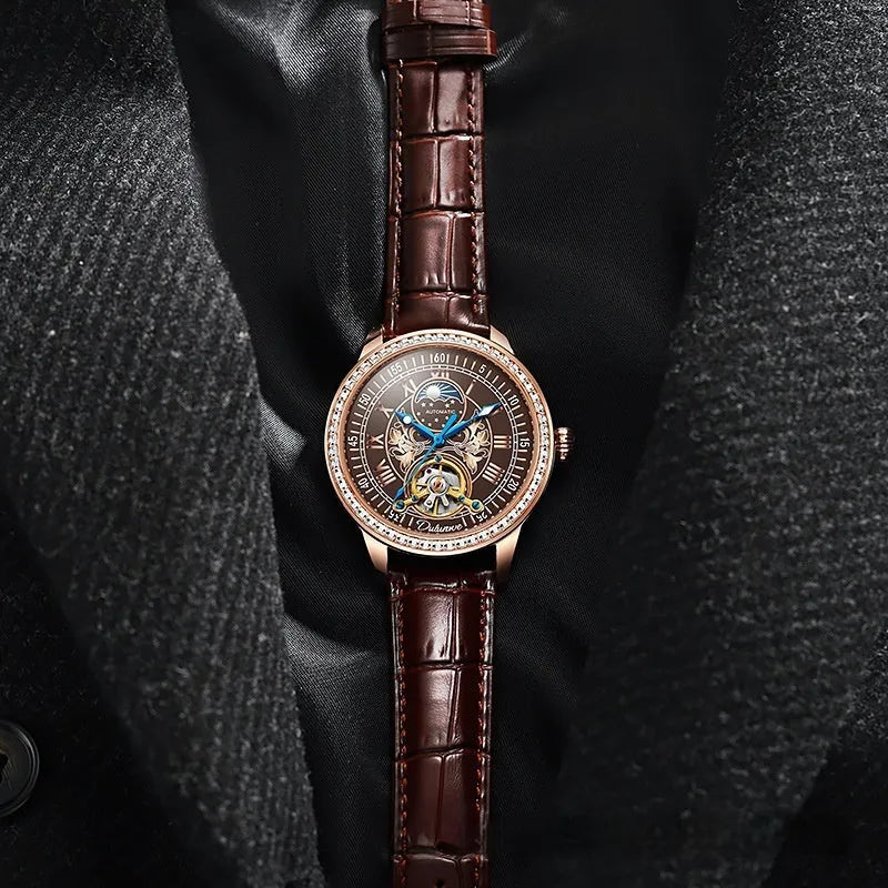 Men's waterproof mechanical watch with stainless steel case and multiple colour strap options