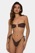 Brown women's tube-top push up bikini swimsuit with ring tether and split design