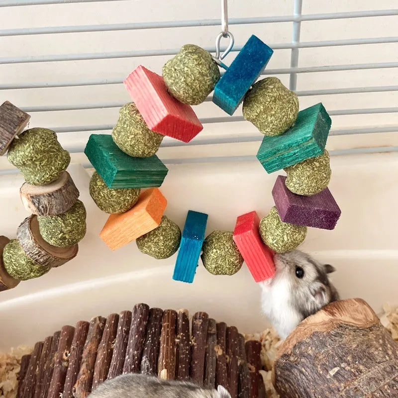 Applewood straw ball chew ring toy for small pets with decorative paillette details