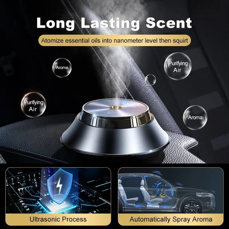 Black butterfly-shaped metal car aromatherapy air purifier with USB cable and essential oil bottle.