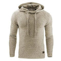 Men's cotton-polyester hoodie on a hanger, available in colours like black, navy blue, red, and khaki.