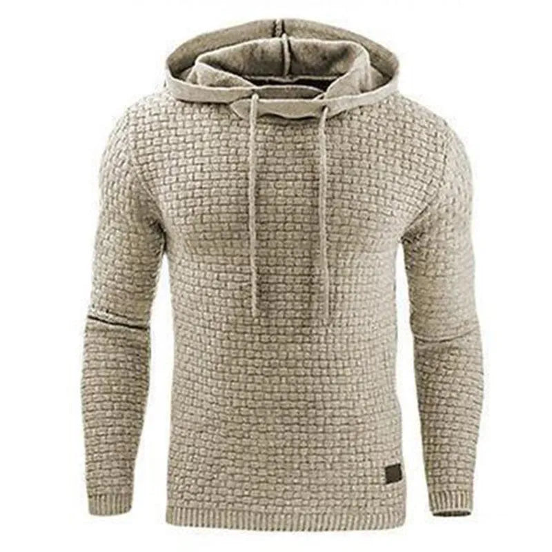 Men's cotton-polyester hoodie on a hanger, available in colours like black, navy blue, red, and khaki.