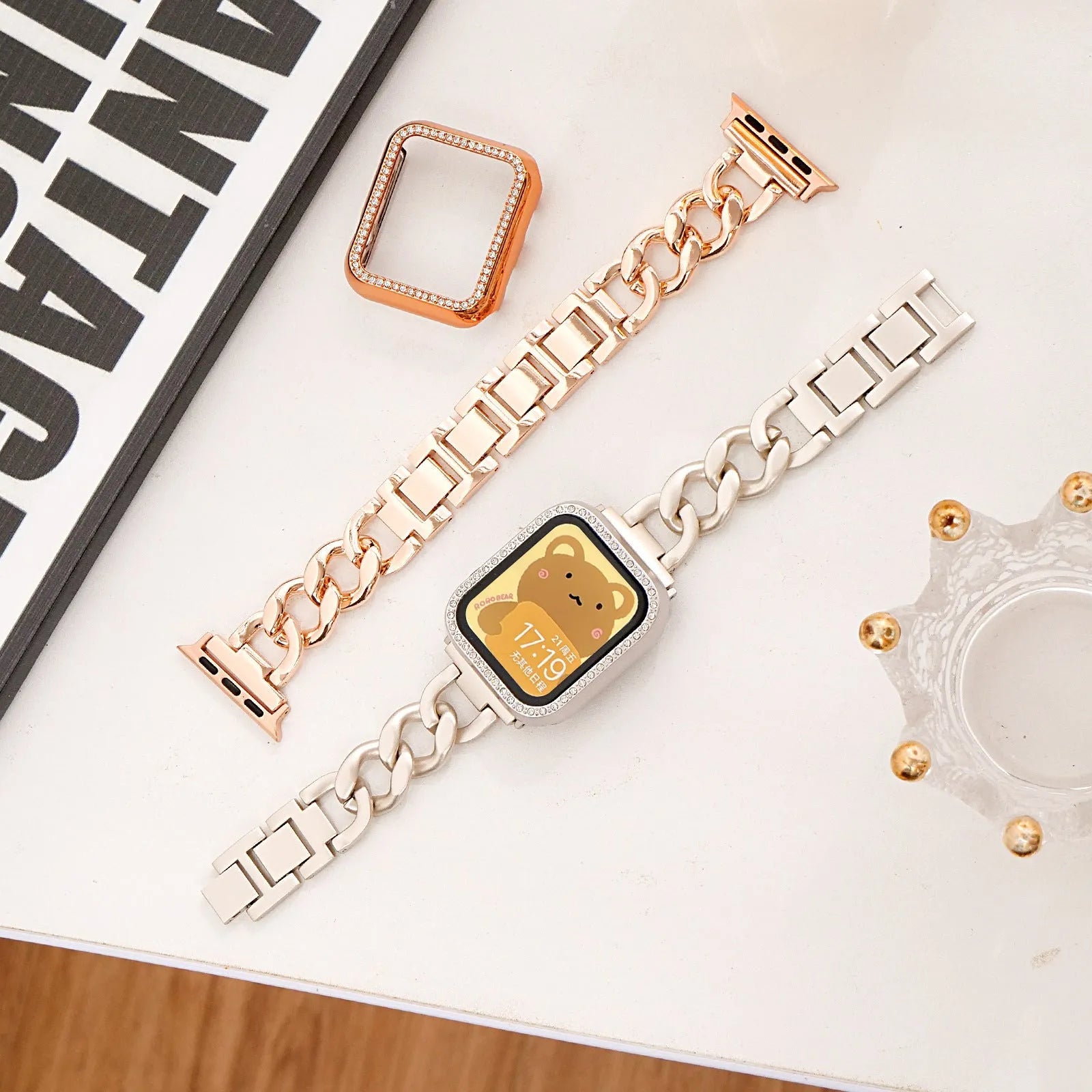 Metal denim chain replacement strap for Apple Watch in silver, black, gold, rose gold, and Starlight colours.