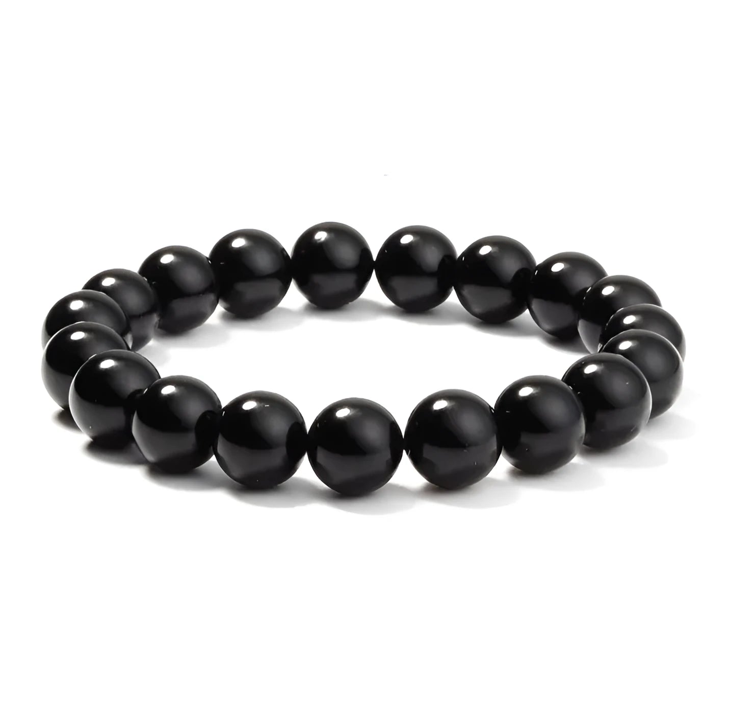 Geometric black agate bead bracelet on elastic cord, showing 8mm bead size.