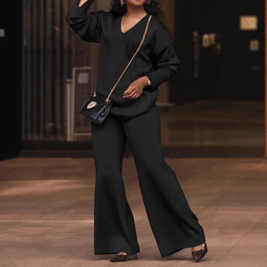 Women's brown suede velvet two-piece lounge suit with split sleeves on the long-sleeved top.