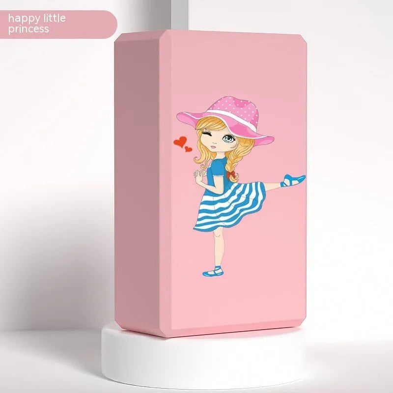 High-density EVA yoga block in pink next to a dark blue block, showing 7.5cm height and printed cartoon design options.