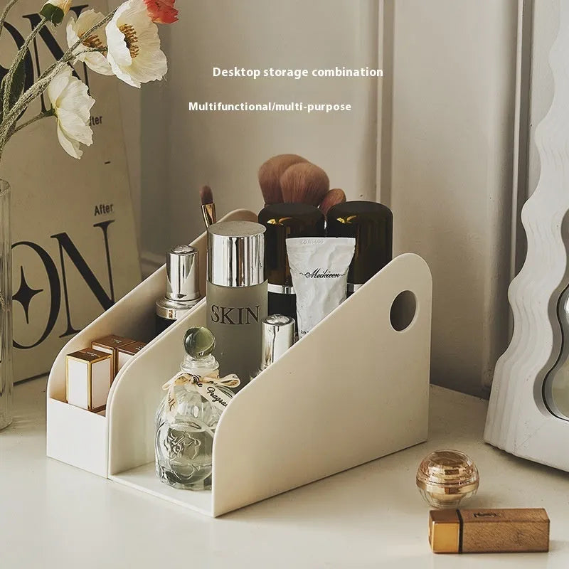 Plastic desktop storage box with two-layer grid compartments in milk coffee colour