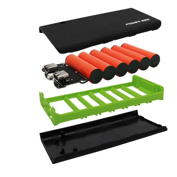 20000mAh portable power bank in red, blue, green, yellow or black colours showing charging ports