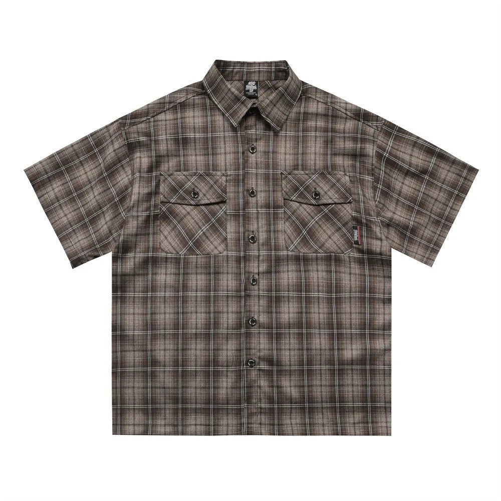 Men's black and brown plaid short sleeve shirt with embroidered lapel detail