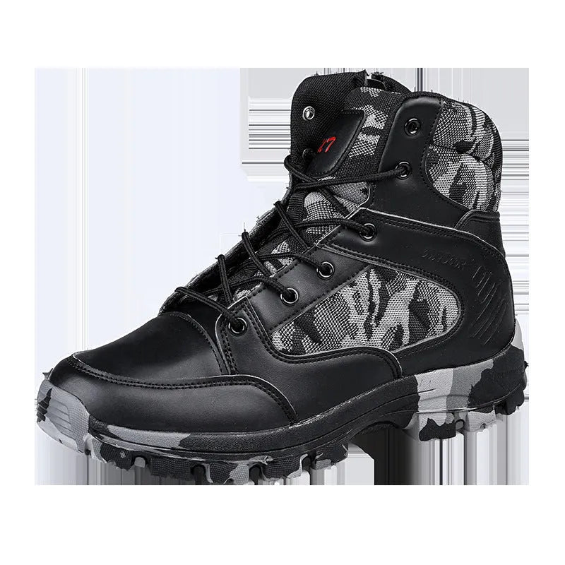 Men's high-top hiking shoes in camouflage colour with metal accent details