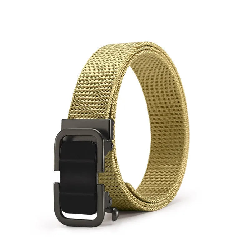 Men's nylon canvas belt with an alloy buckle shown in army green colour.