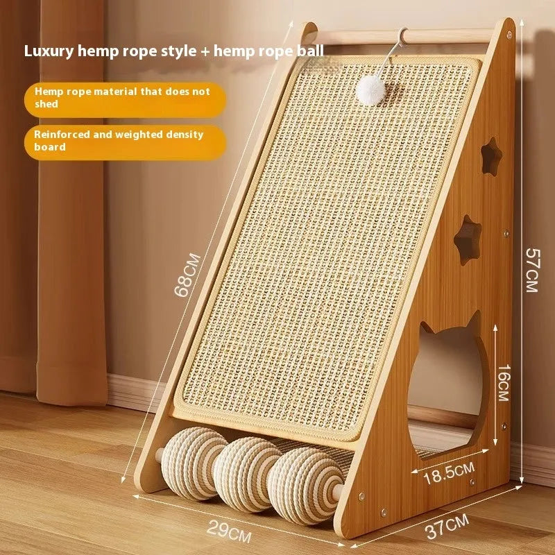 Vertical cat scratch board with sisal surface and cat teasing ball hanging from hemp rope