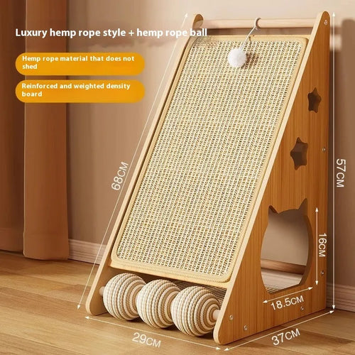 Vertical cat scratch board with sisal surface and cat teasing ball hanging from hemp rope