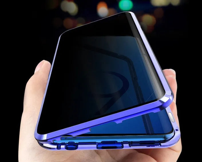 Black anti-peeping magnetic clamshell phone case for Samsung Galaxy smartphones showing closed position