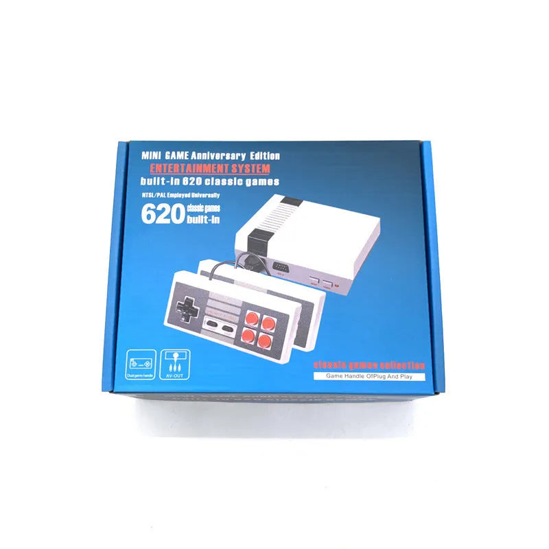 NES retro gaming console with two controllers, AV cable, and power supply on white background