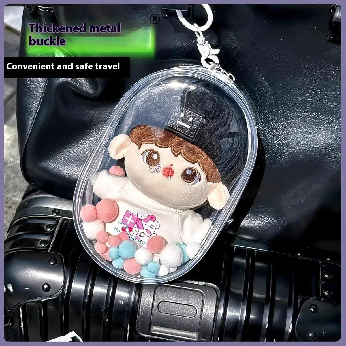 17cm transparent PVC cartoon backpack storage bag with colourful ball keychain