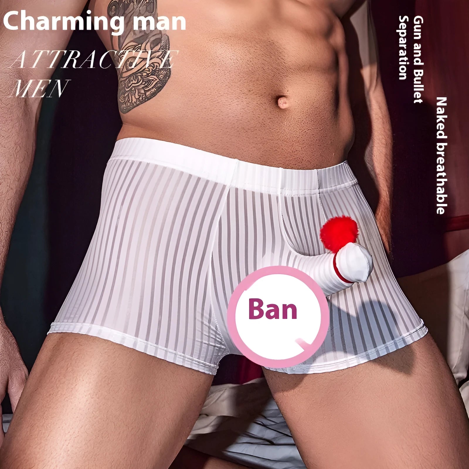 Men's black striped boxer briefs made from elastic nylon fabric.