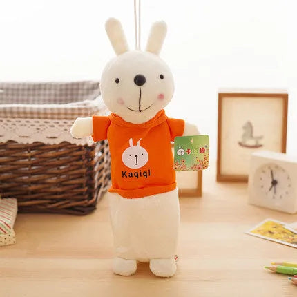Large soft plush rabbit pencil case in multiple colours, shown with pens inside, dimensions 30cm by 14cm.