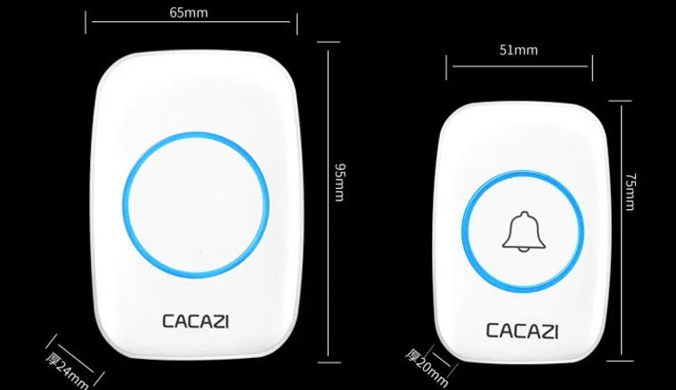 Wireless doorbell receiver and push button transmitter with colour options of black, white, silver, and gold.