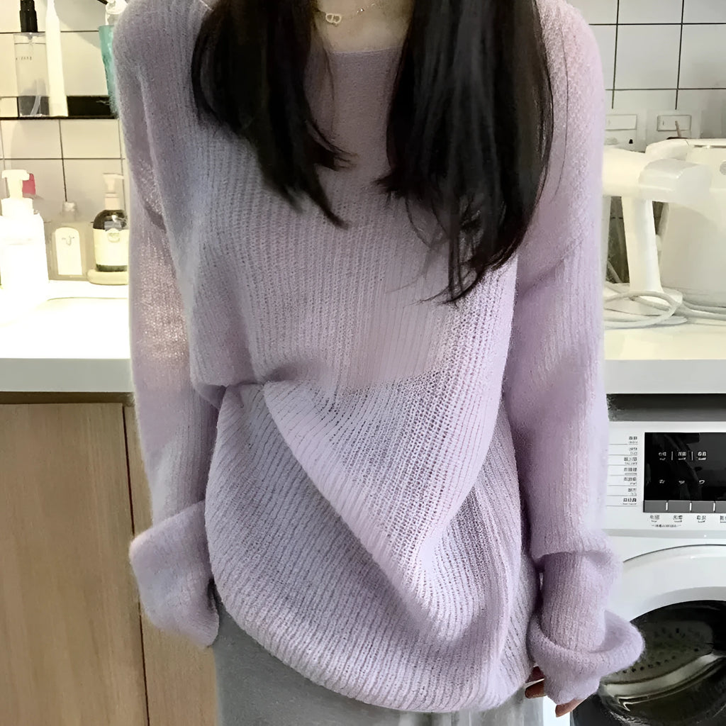 Women's purple ice silk blouse with princess sleeves and shoulder strap design