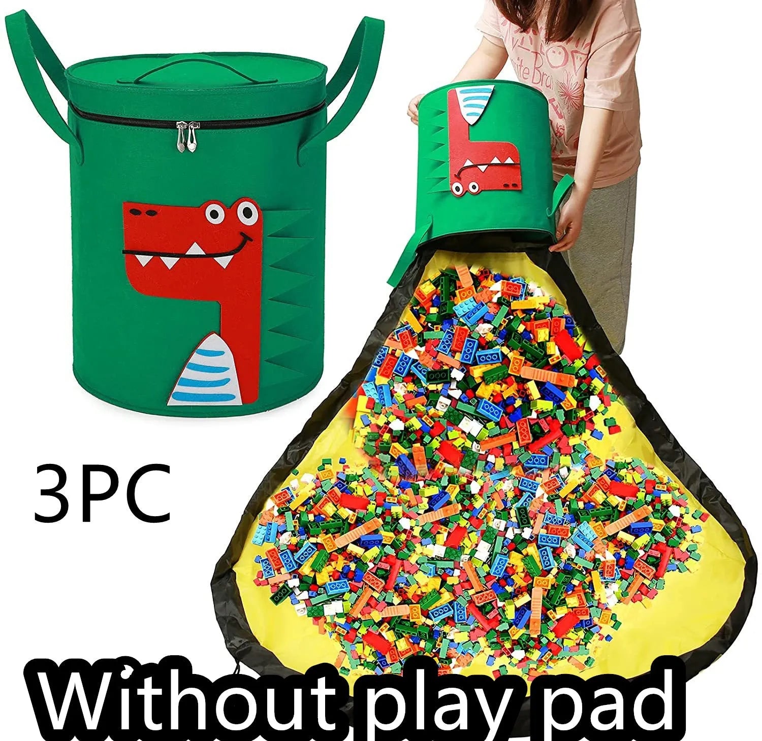 Green felt storage cube with pull rope unfolded as waterproof play mat for children's toys
