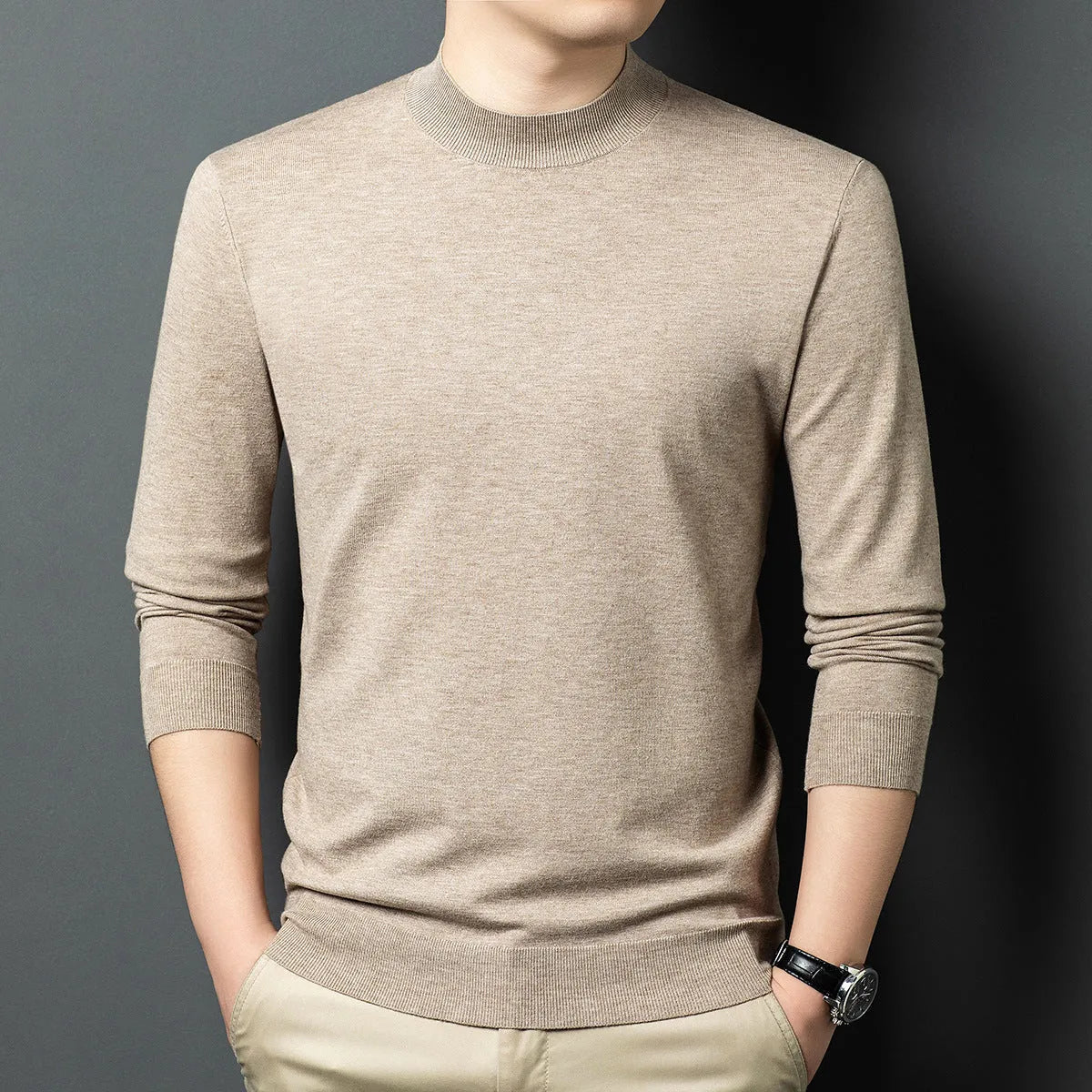 Men's round neck wool mulberry silk sweater long sleeve winter pullover in multiple colour options