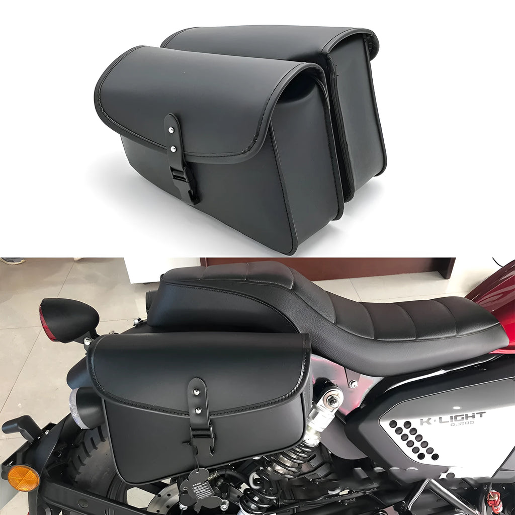 Black motorcycle swingarm side saddlebag mounted on Sportster motorcycle