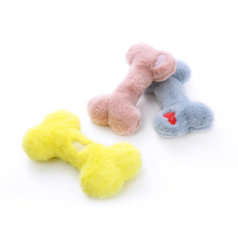 Blue plush bone-shaped dog toy with a vocal squeaker for interactive chew play