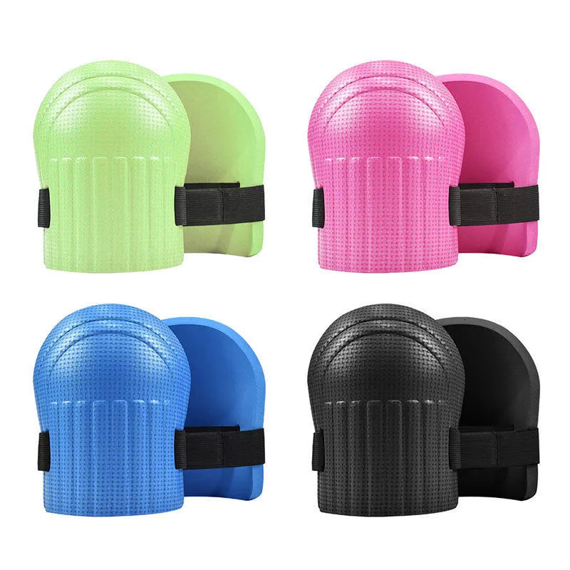 A pair of EVA foam kneepads in assorted colours, showing their thickness for knee protection.