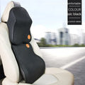 Black and brown memory foam car headrest and lumbar support pillows on a car seat.