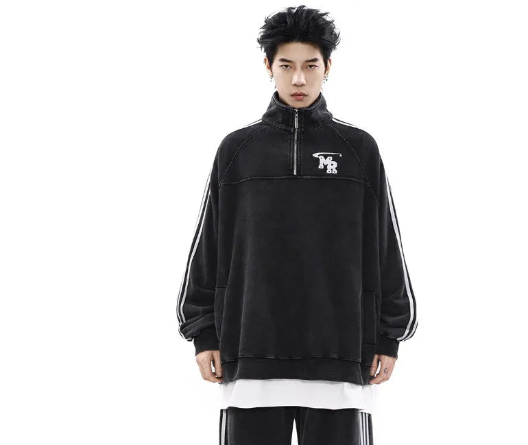 Black stand collar polyester sweatshirt in Hong Kong style for men's casual sports wear