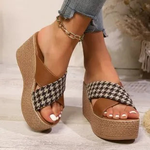 Cross leopard plaid wedge sandals with rubber sticky soles in black or brown pattern