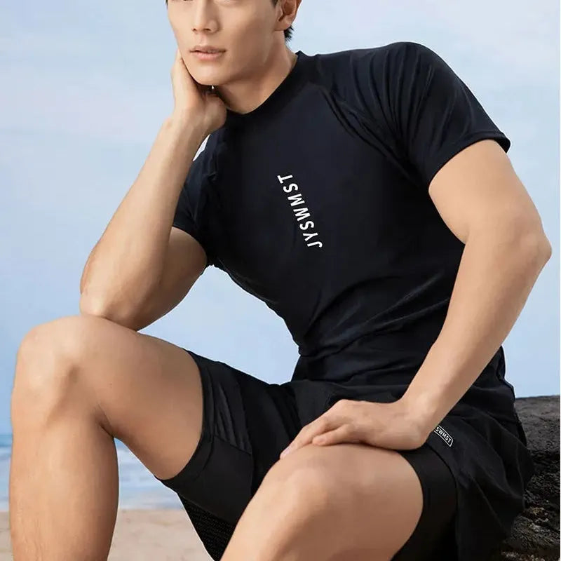 Men's plus size swimming trunks set in polyester fabric with matching top and bottom
