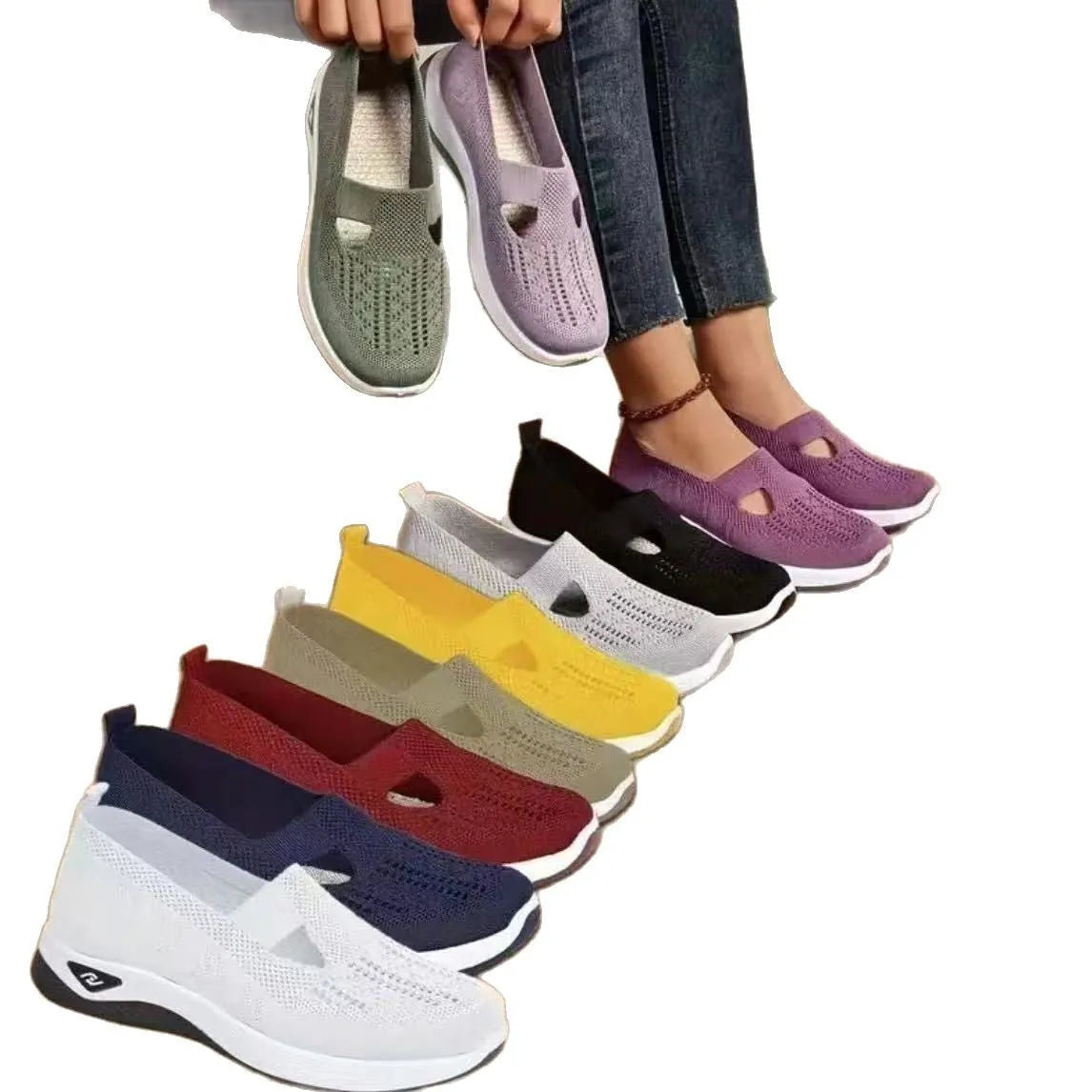 Women's casual mesh shoes with T-shaped shoulder strap and soft PVC sole in multiple colours