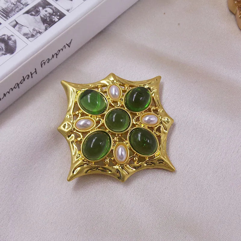 Medieval baroque cross crystal brooch in zinc alloy with antique styling