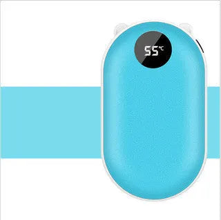 Compact rechargeable hand warmer and power bank with digital display in assorted colours.