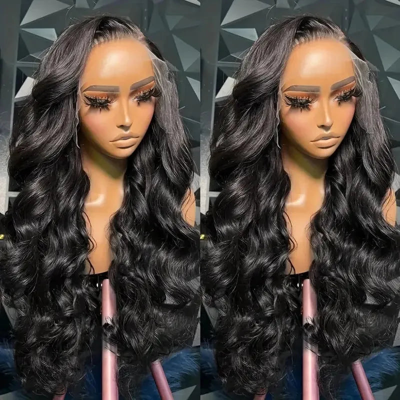 Black medium-long curly full-head synthetic wig showing natural wave pattern
