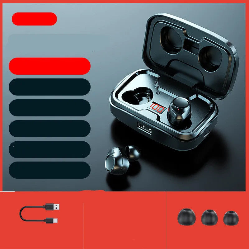 Black wireless in-ear headphones with Bluetooth 5.0 shown from the side.