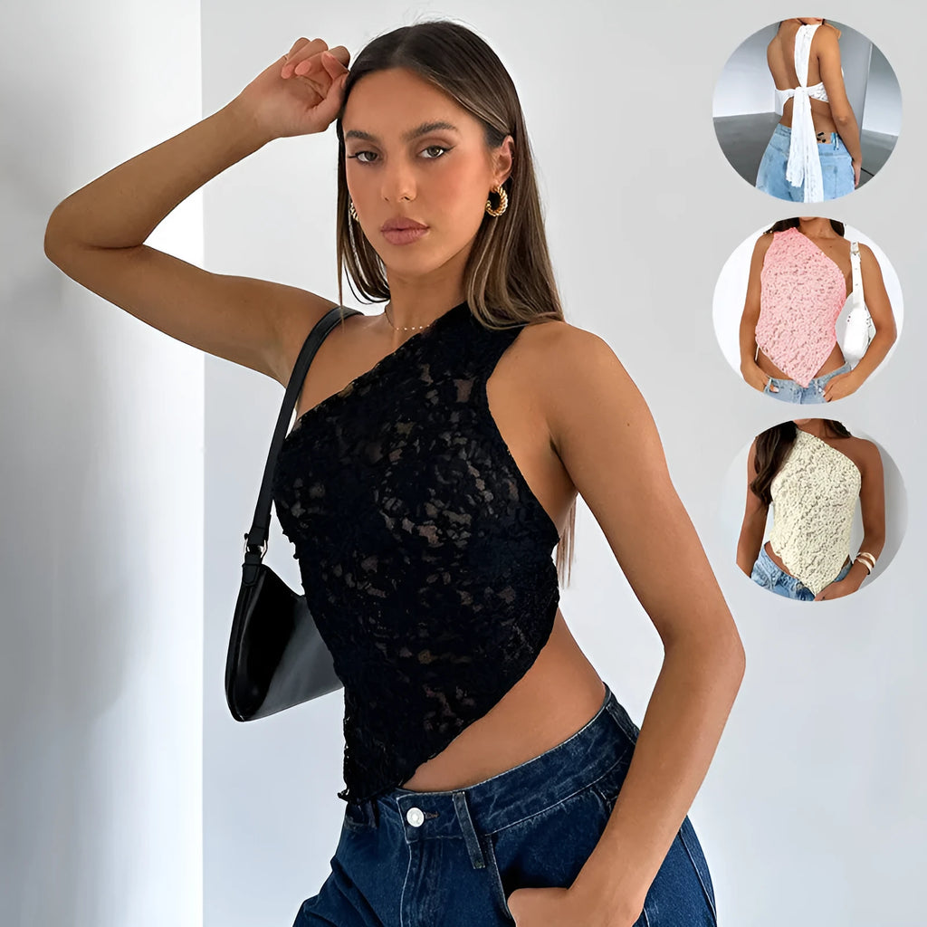 Women's slim-fit lace-back vest top with asymmetrical neckline in solid colour