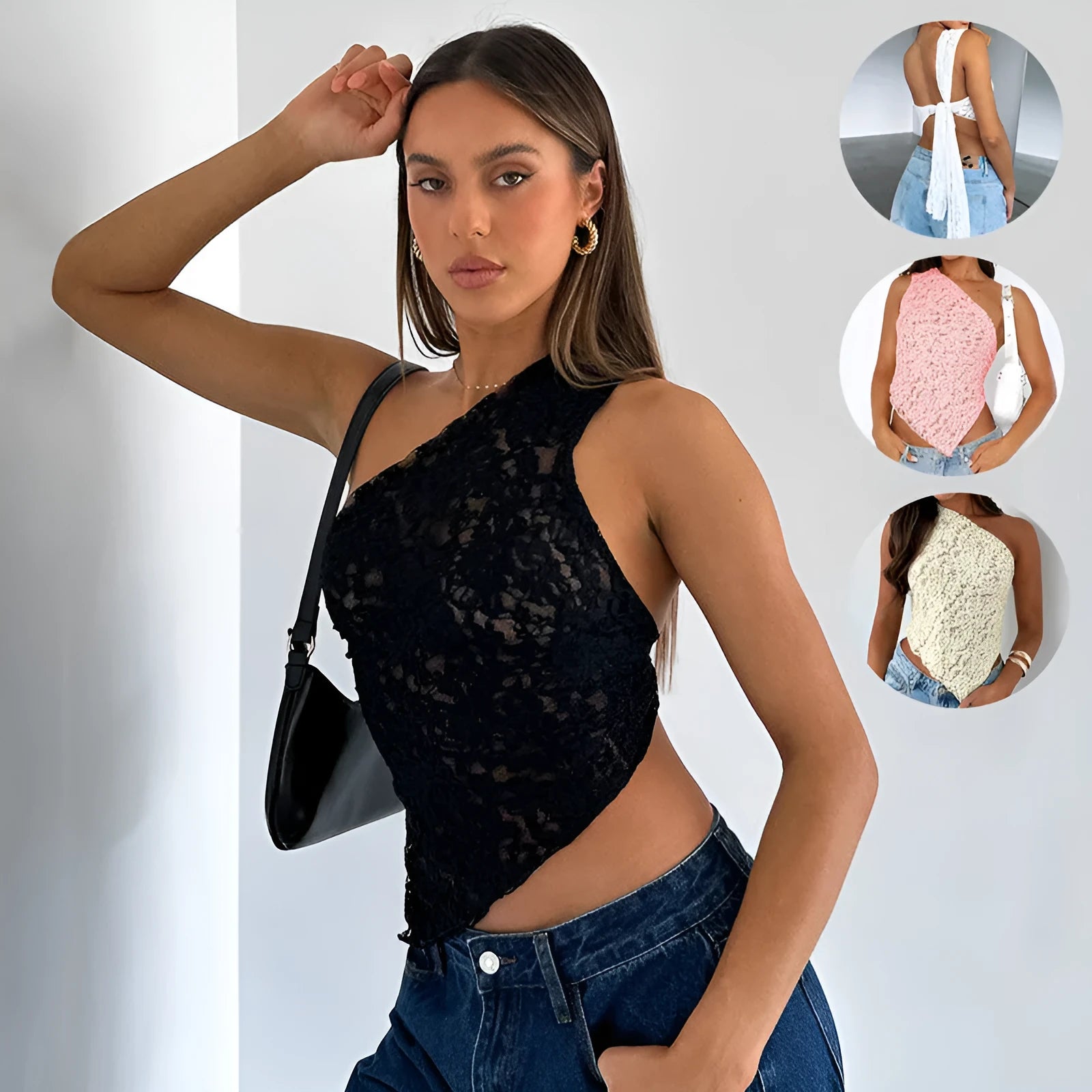 Women's slim-fit lace-back vest top with asymmetrical neckline in solid colour