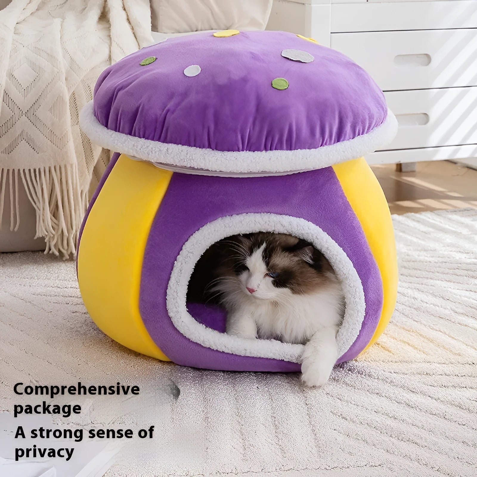 Grey plush mushroom-shaped cat nest with a detachable blanket, shown alongside pink and purple colour options.