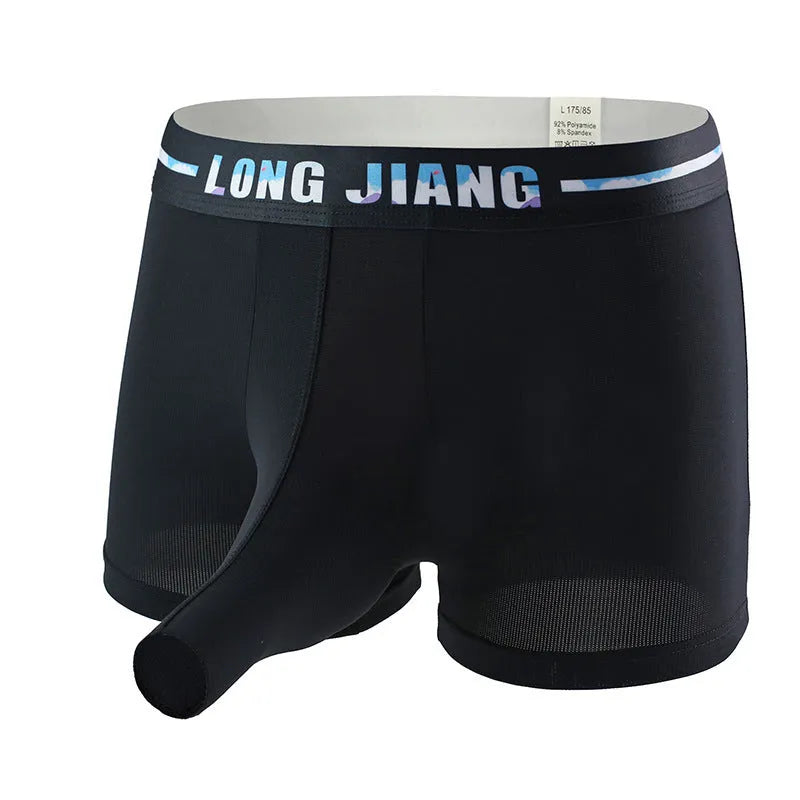Men's ice silk boxers in solid colours showing mid-waist design and thin fabric texture