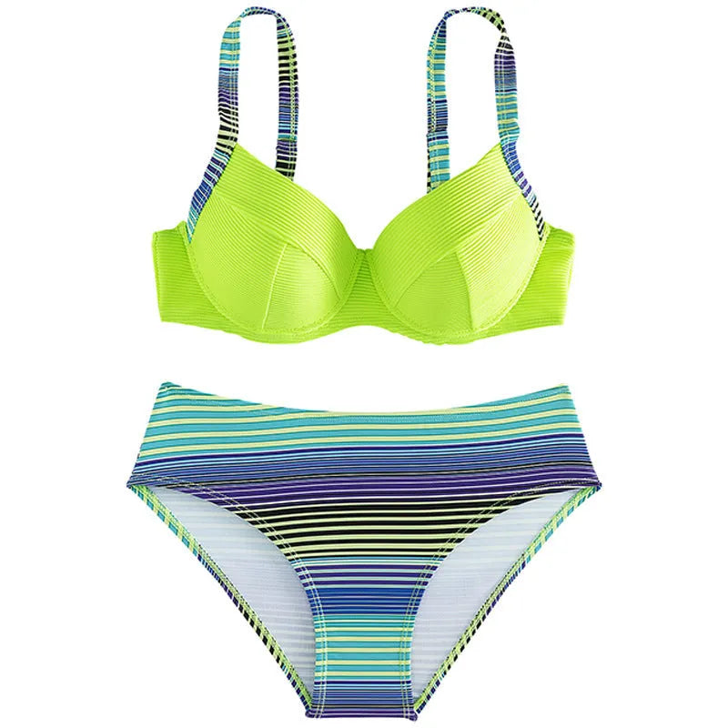 Green printed halter bikini set with matching split briefs for women