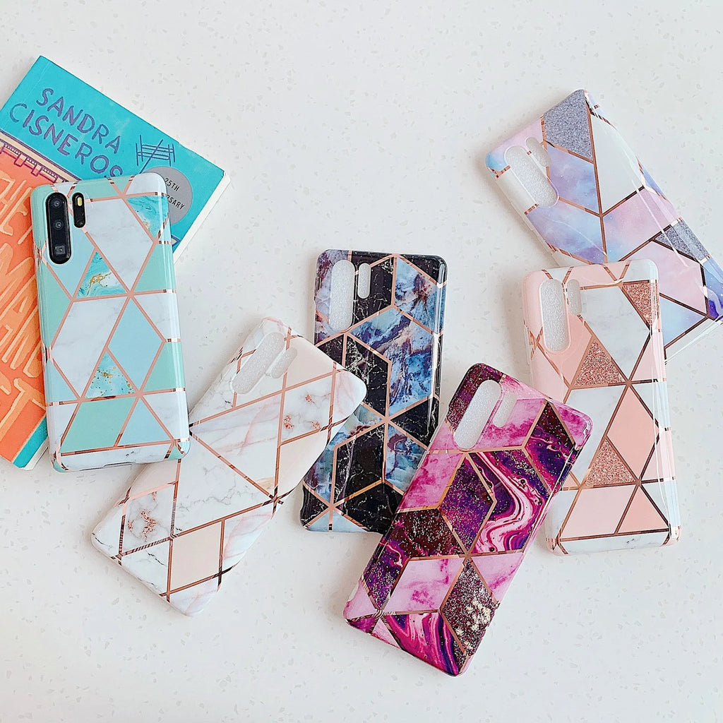 Electroplated marble pattern mobile phone case showing multiple colour options for Huawei and Samsung smartphones