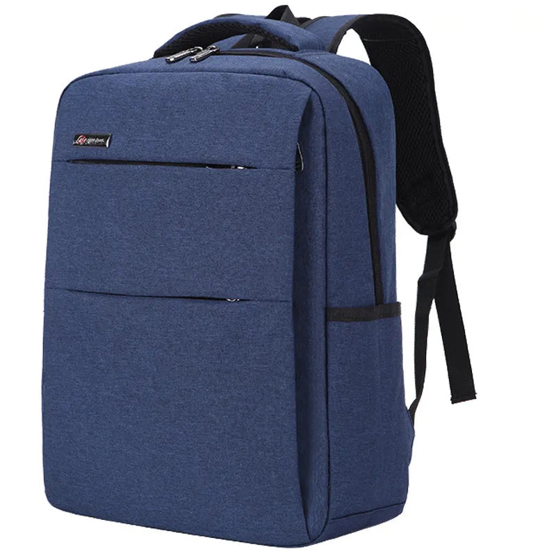 Black waterproof rechargeable backpack for a laptop, showing shoulder straps and a USB charging port.