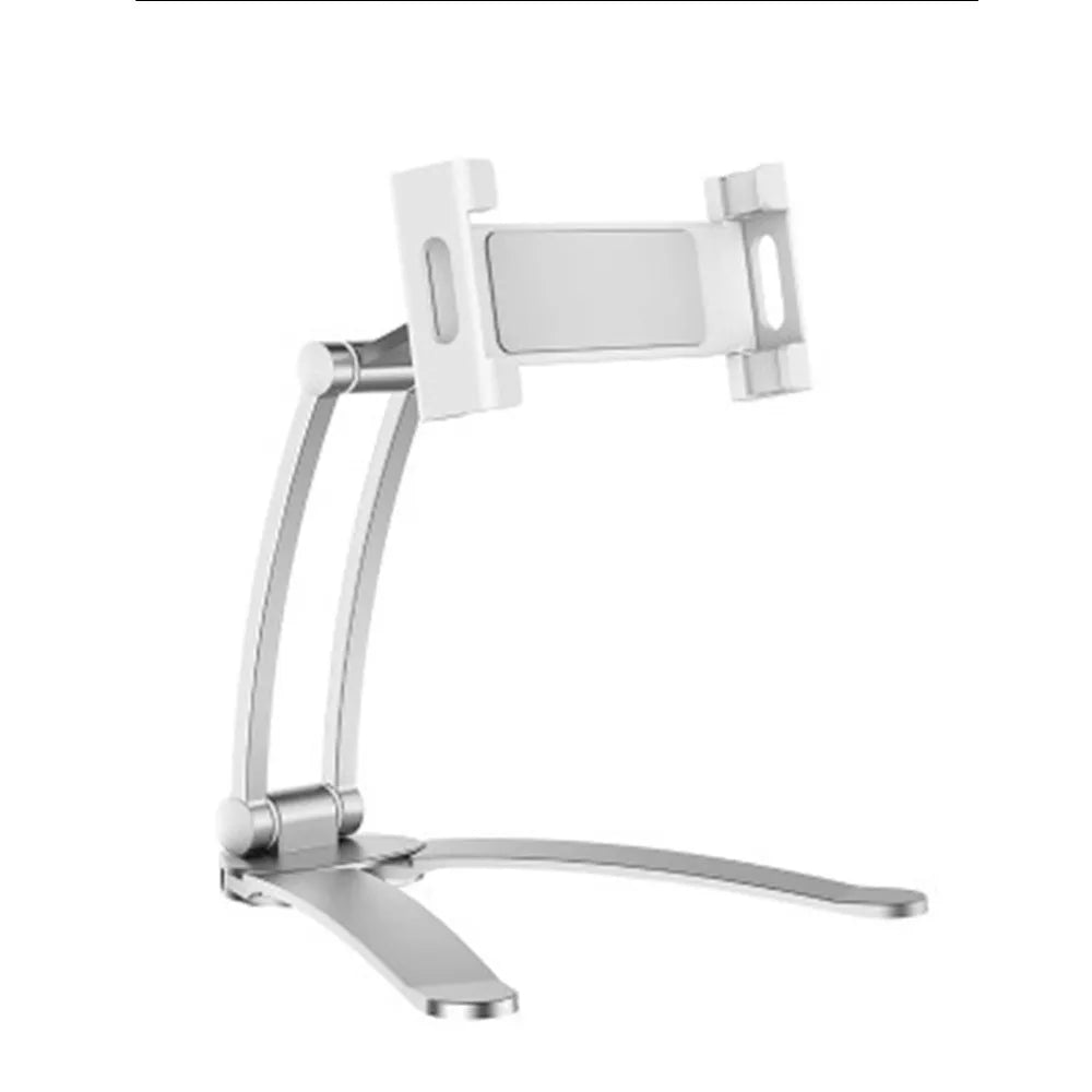 Silver aluminum alloy desktop stand holding a tablet at an adjustable angle.