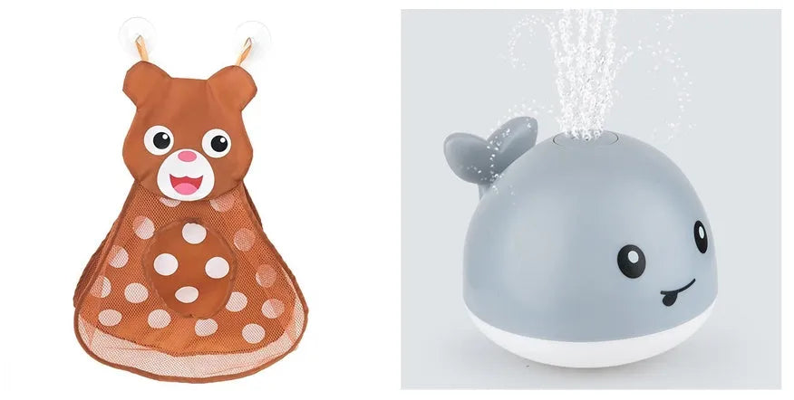 Electric whale-shaped baby bath toy with water spray, LED lights, and automatic water sensor