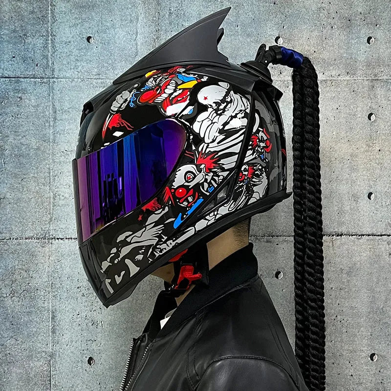 Dirty Braids full face motorcycle helmet with graphic design, shown in size L.